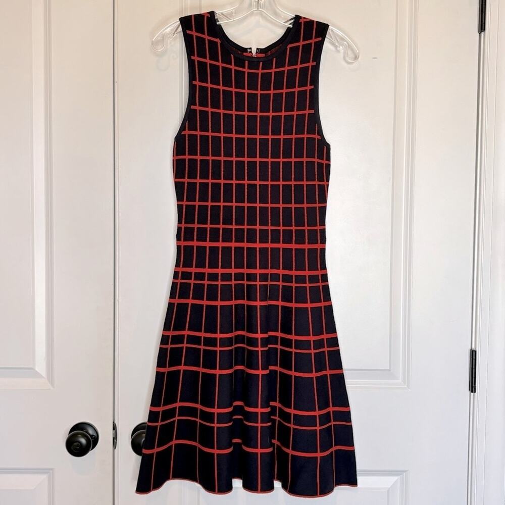 Ali Ro Navy Blue Orange Plaid Sleeveless Knit Fit Flare Tank Dress S